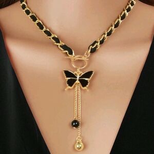 Black and Gold Butterfly Pendant Necklace with Teardrop Accent